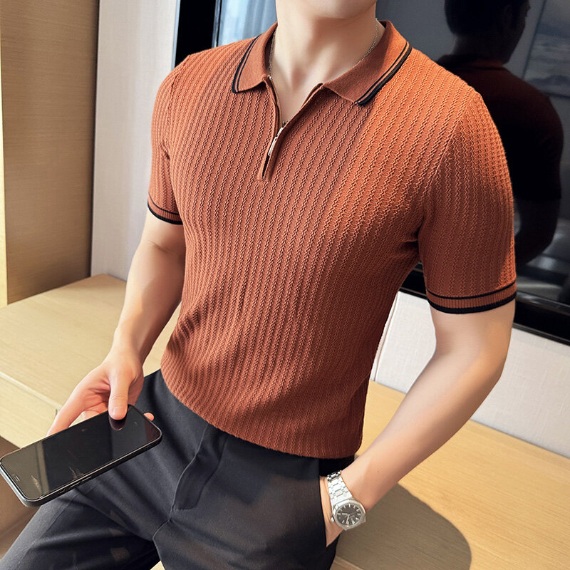 Polo de manga corta para hombre, Camiseta ajustada de punto de alta calidad, Color sólido, diseño con cremallera, Tops A rayas, 3XL