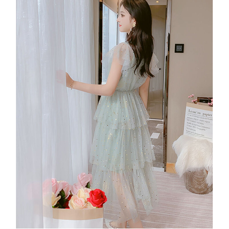 Gaun putri berpayet kasa sambungan kerah V manis pakaian wanita 2024 gaun pesta lengan kupu-kupu Korea longgar baru musim panas