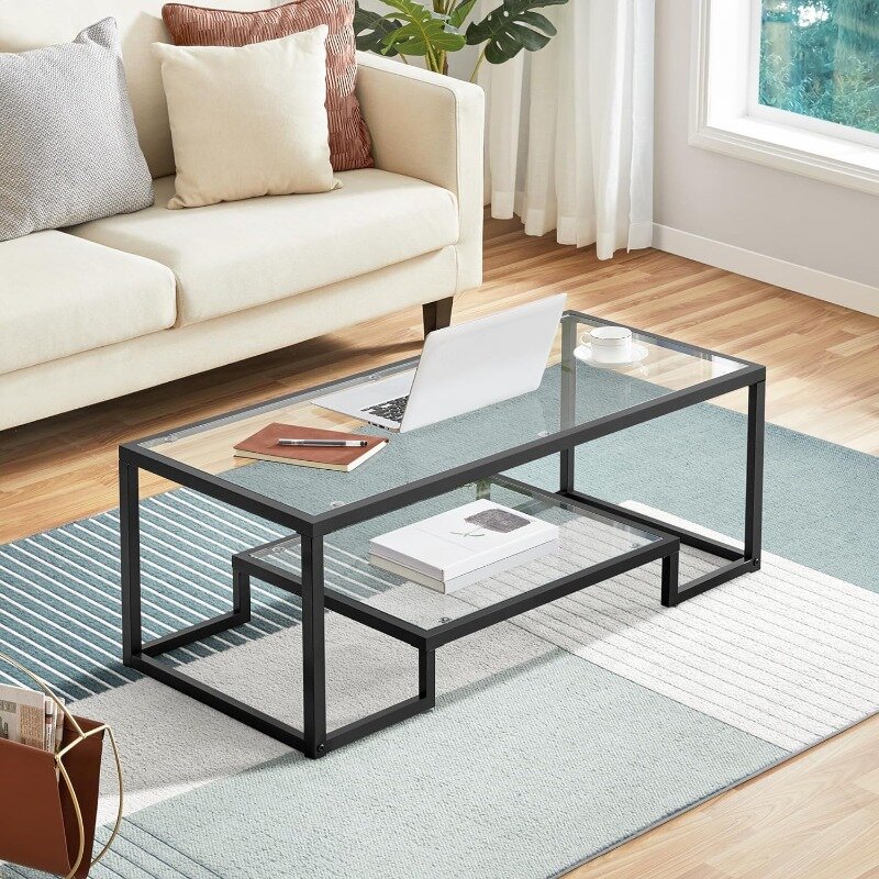 Coffee Table, Tempered Glass Coffee Table, Modern Simple Center Table w/Geometric-Inspired Design & Metal-Frame & Easy Assembly