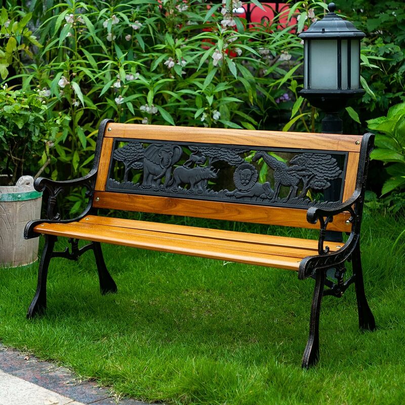 FDW-Banco de jardín para Patio, silla de porche con reposabrazos de hierro fundido, muebles de madera dura, Banco de animales para niños