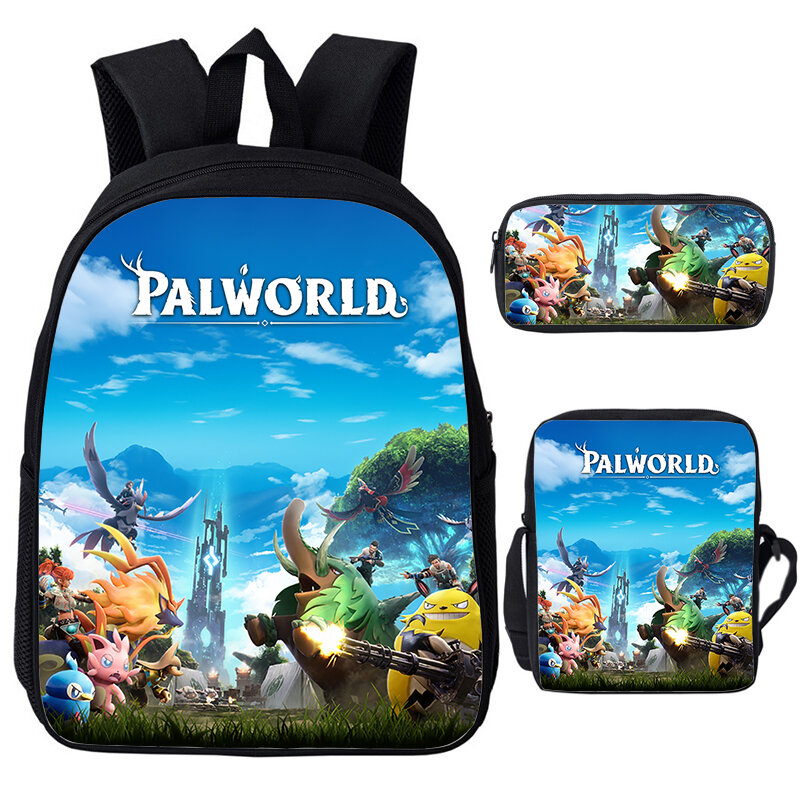 Mochila con estampado de Palworld para niños y niñas, bolso escolar de dibujos animados divertidos, conjunto de 3 piezas, bolsa de hombro para bolígrafos