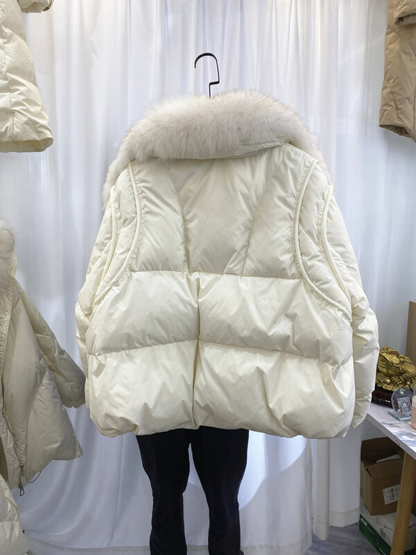 2023 mode baru musim gugur wanita hangat mantel jaket Down Jaket mewah pakaian luar baru wanita mantel musim dingin bulu rubah asli kerah tebal