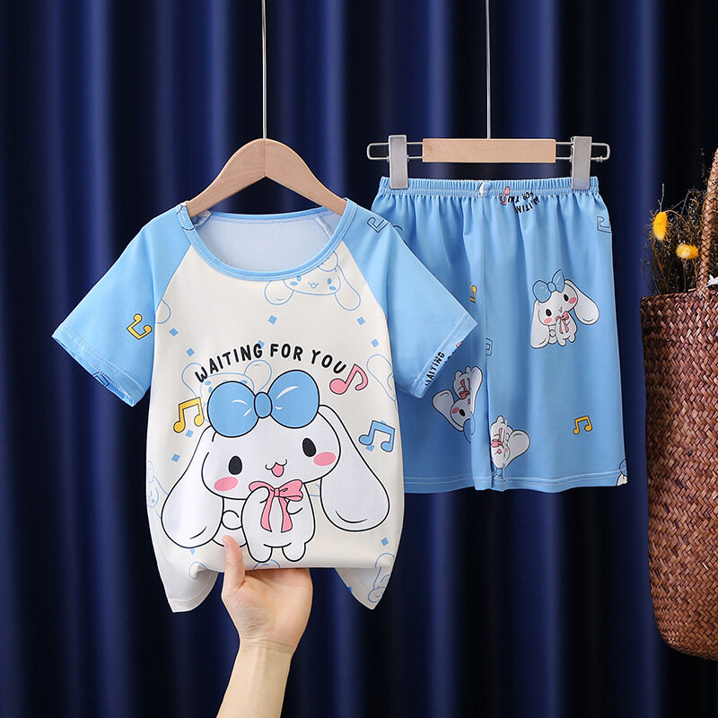 Conjuntos de pijama anime infantil, Miniso Cinnamoroll, Kuromi, pijamas de seda, pijama de menina e menino, presente fofo, verão, 2024