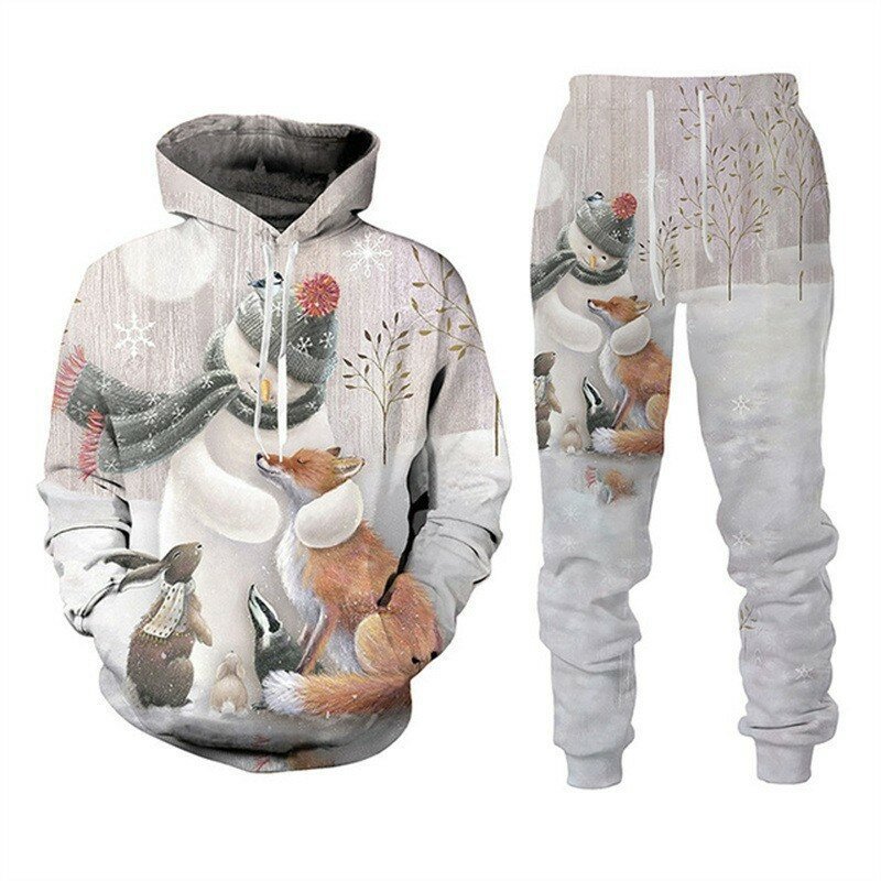 Europe and the United States fall and winter Christmas sweater pants suit 3D printing hooded suit Santa Claus