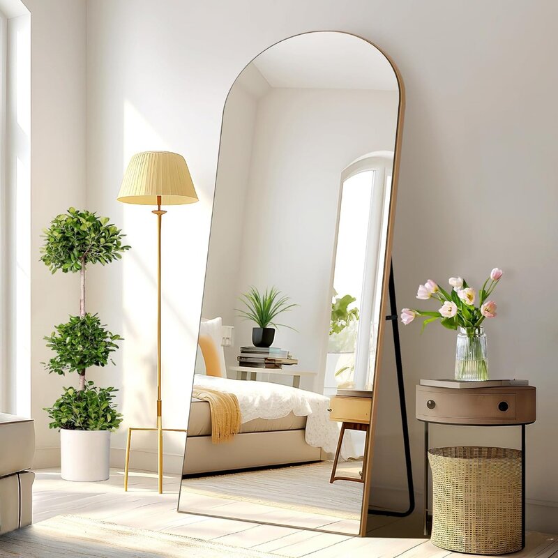 Cermin panjang penuh melengkung 71 "x32", cermin bingkai tipis kayu, cermin menggantung atau bersandar di dinding, pengiriman gratis Led