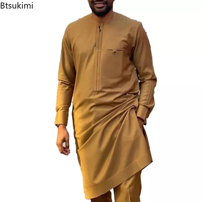 2024 Men's Muslim Sets for Party Wedding Traditional Africa Clothing 2 Pieces Sets for Men Solid Long Sleeve Suit and Pants Sets