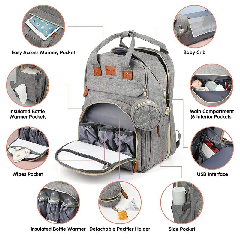 3 In 1 Diaper Bag Ransel Lipat Tempat Tidur Bayi Tas Travel Tahan Air dengan Biaya USB Popok Tas Ransel dengan Mengubah tempat Tidur