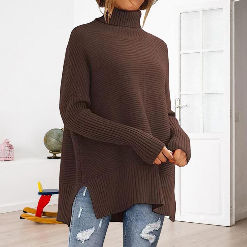 Women Fall Winter Sweater High Collar Split Hem Thick Warm Sweater Soft Elastic Loose Pullover Long Sleeve Lady Sweater