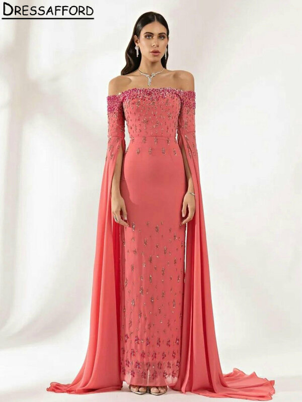 Watermelon Red Half Sleeve Sequined Beading Dubai Evening Dress Mermaid Off The Shoulder Ribbons Saudi Arabic Formal Party Gown