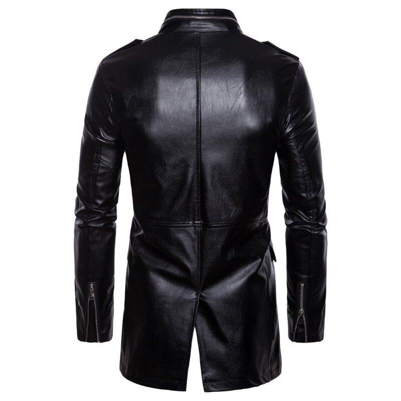 2023 New Men Fashion Solid Color Large Size Mid-Length Leather Clothing with Stand Collar Casual Four-Mouth Bag Leather Jacket