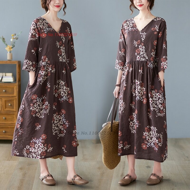 2024 chinesisches Vintage-Kleid nationales V-Ausschnitt lockeres Kleid traditioneller Blumen druck Folk A-Linie langes Kleid feminino Retro Streetwear