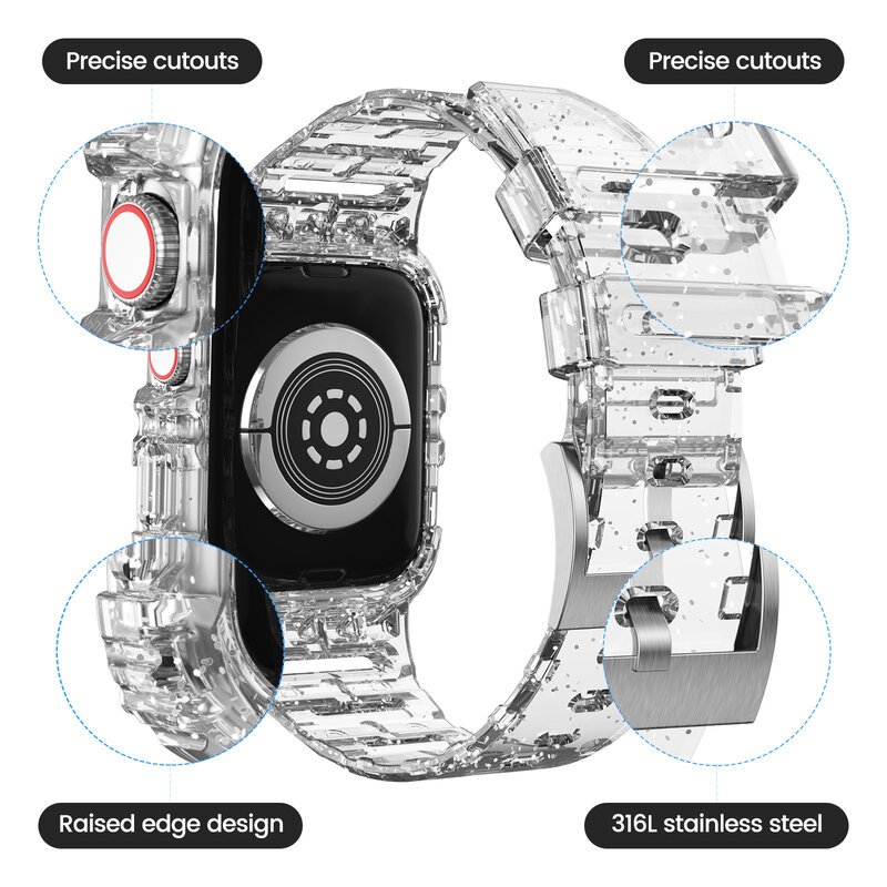 Apple Watch用の透明なストラップ,iwatchシリコンストラップ用のクリアバンドとケース8, 7, 6,se,5,3,2,40mm, 44mm, 42mm 41mm, 45mm, 38mm