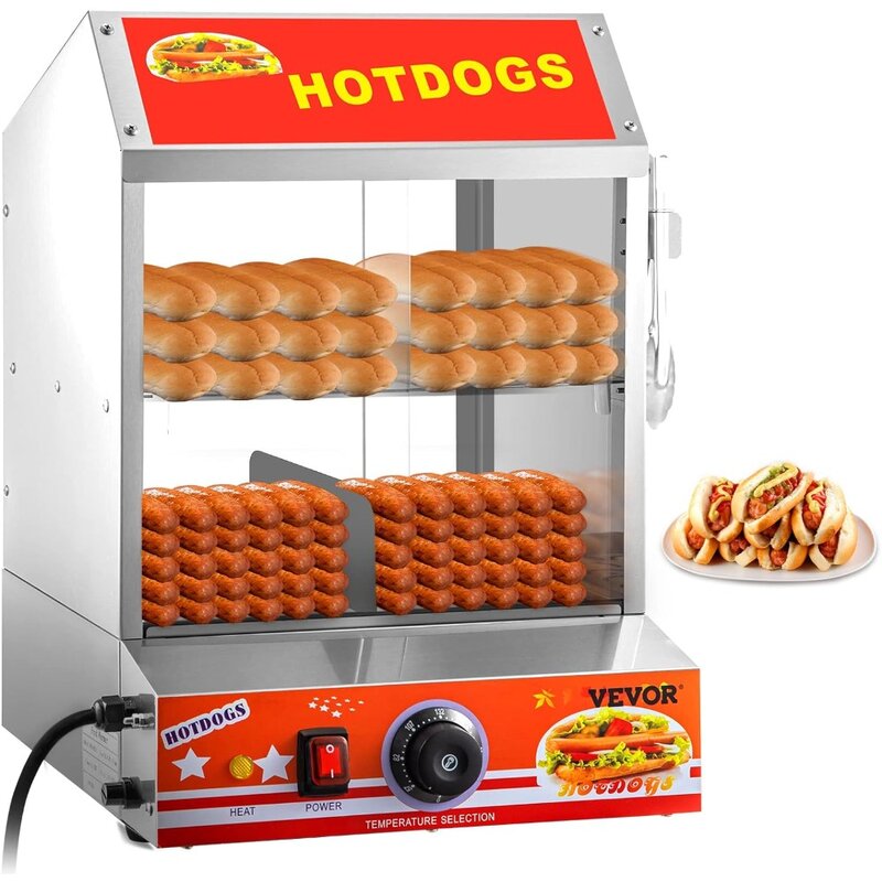 Hot Dog Steamer, 27L/24.52Qt, 2-Tier Hut Steamer for 175 Hot Dogs & 40 Buns, Electric Bun Warmer Cooker wit