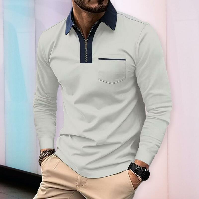 Men Spring Autumn Shirt Top with Pocket Long Sleeve Lapel Collar Sweat Absorbing Half-zippered Male Pullover Shirt