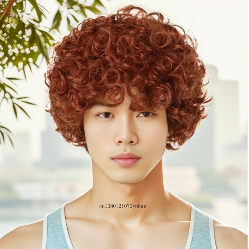 Asian Wigs for Men Synthetic Hair Curly Wig with Bangs Orange Color Afro Curly Wigs for Boys Cosplay Carnival Party Wig Costume