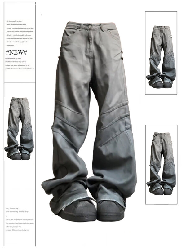 Celana Jeans abu-abu wanita, celana panjang koboi Y2k Harajuku Baggy, celana Denim 90s estetika Vintage Jepang 2000s gaya jalanan 2024