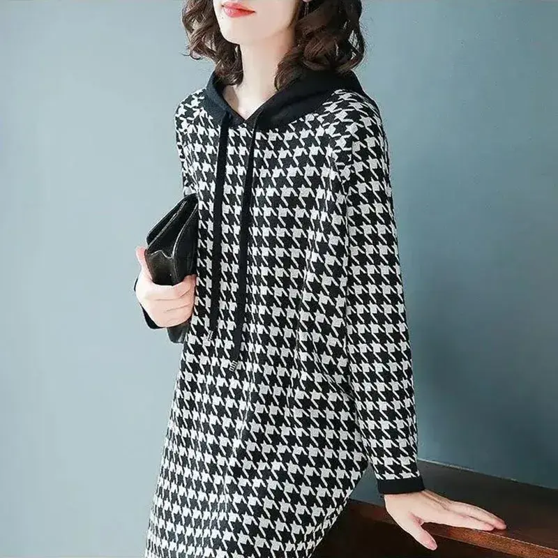 QNPQYX Women's Pullovers Autumn New Fashion Houndstooth Hooded Sweater Hoodie Dresses Winter Long-Sleeved Base Dress Female