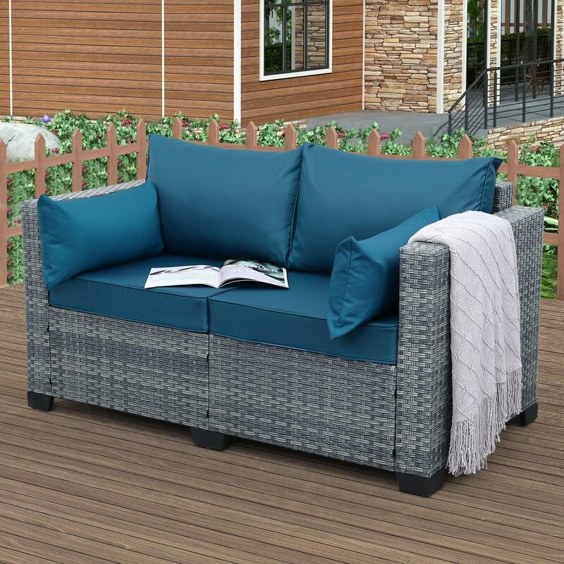 Уличный диван для дворика, маленький диван на 2 места, плетеная мебель для любой погоды с серыми подушками