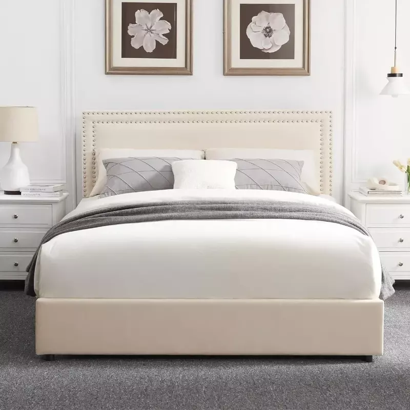 Bedroom furniture, large upholstered platform, bed frame platform with 4 storage drawers, adjustable velvet rivet headboard