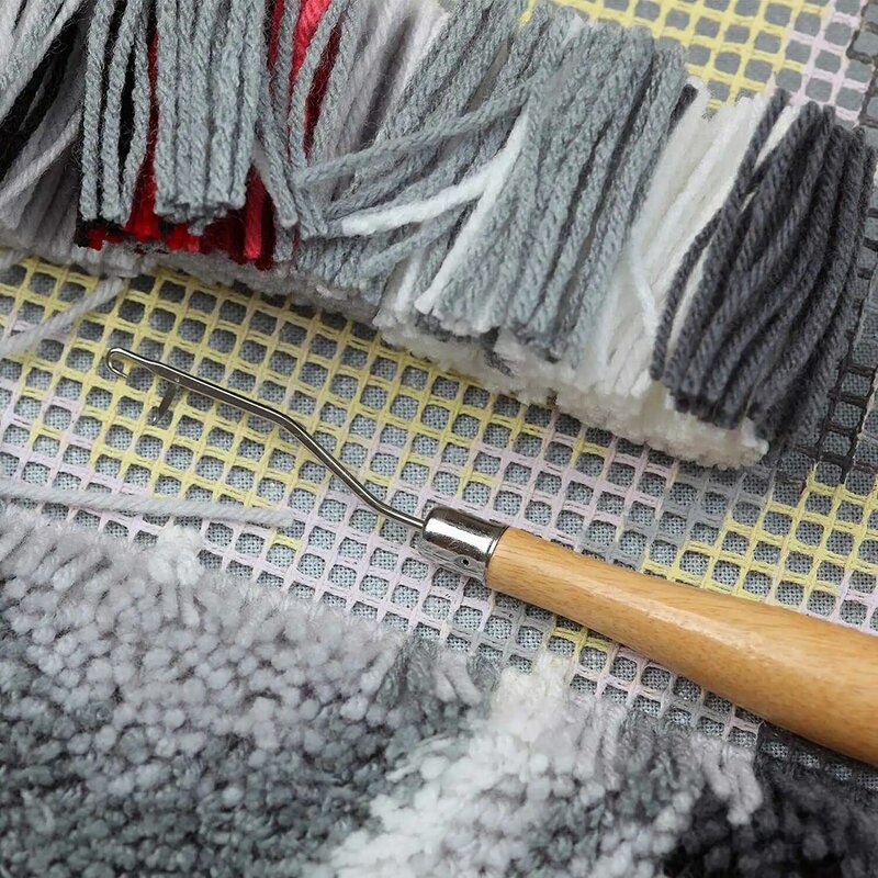 Kit de gancho de malla de ganchillo para alfombra, Herramienta de gancho doblado de madera, alfombra en blanco de 40x60 pulgadas, 2 piezas