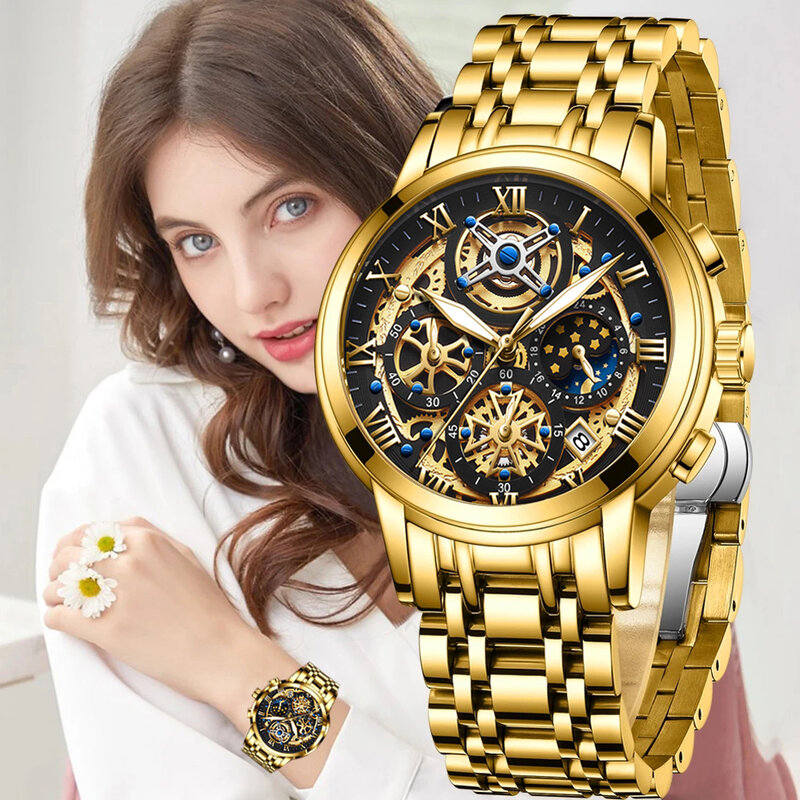 LIGE Top Brand  Fashion  Women Watch Luxury Fashion Stainless  Steel Ladies Waterproof Quartz Wristwatch  Golden Female Clock
