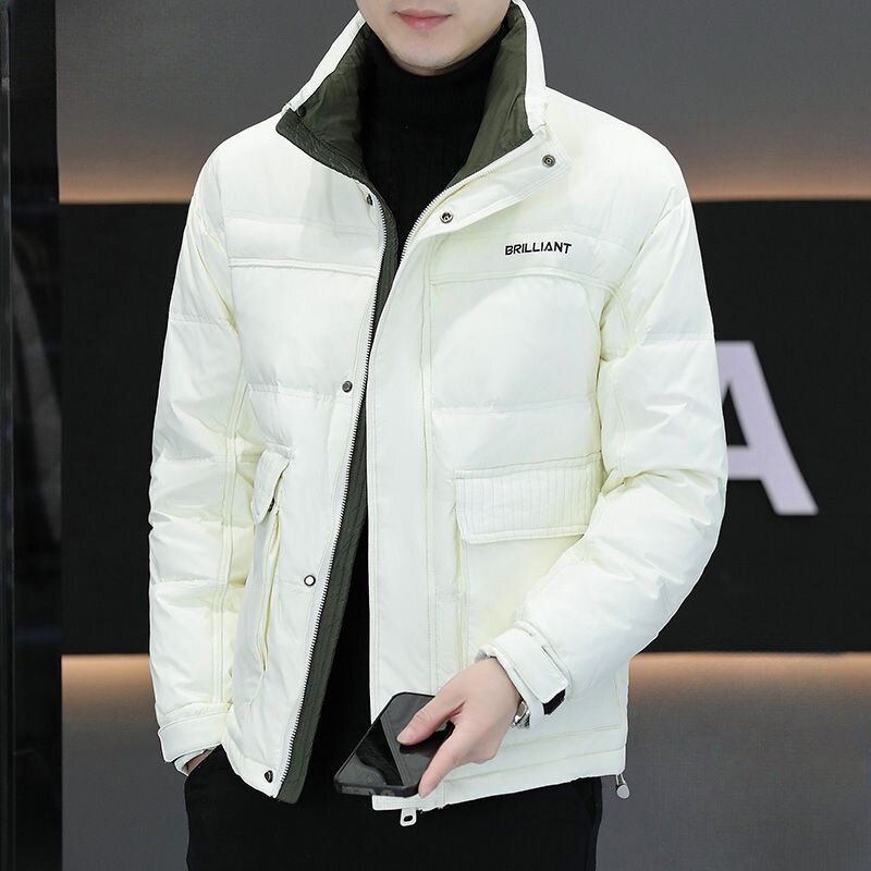 Jaket bulu angsa hangat untuk pria, jaket Luaran trendi kelas atas kerah berdiri warna polos kasual serbaguna musim dingin untuk pria