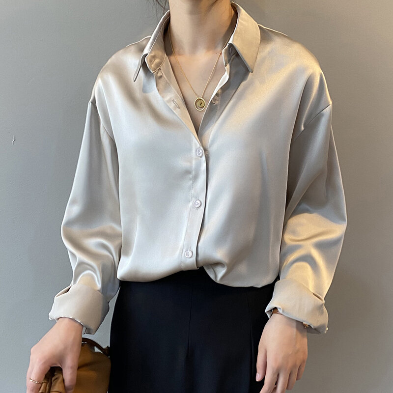 Осенняя модная атласная рубашка на пуговицах, винтажная блузка для женщин, белая женская Свободная уличная рубашка с длинным рукавом, 11355