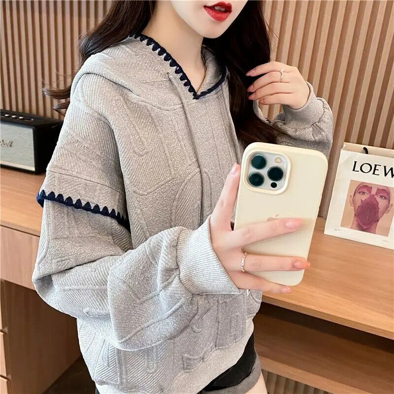 Chic Hooded Women Clothing 2023 Autumn New Fashion Design Sense Niche Solid Loose Casual Hoodie