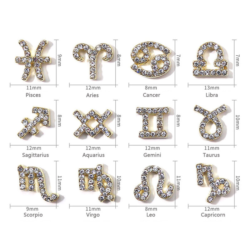 Zirkoon Zodiac Nagel Charmes 10 Stks/partij Legering 12 Sterrenbeelden 3D Teken Steentjes Symbool Accessoires Shiny Nail Art Decoraties
