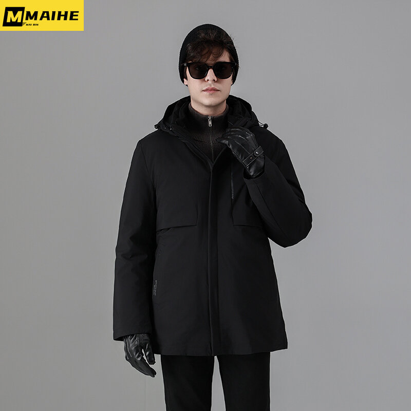 Jaket bulu angsa bisnis pria, pakaian berkerudung hangat tebal kasual dengan bantalan ringan musim dingin untuk lelaki