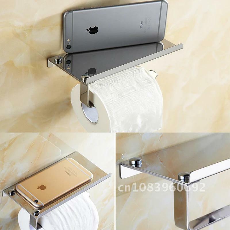 Toilet Paper Holder Wall Mount Stainless Steel Bathroom Bathroom WC Paper Phone Holder with Storage Shelf Rack