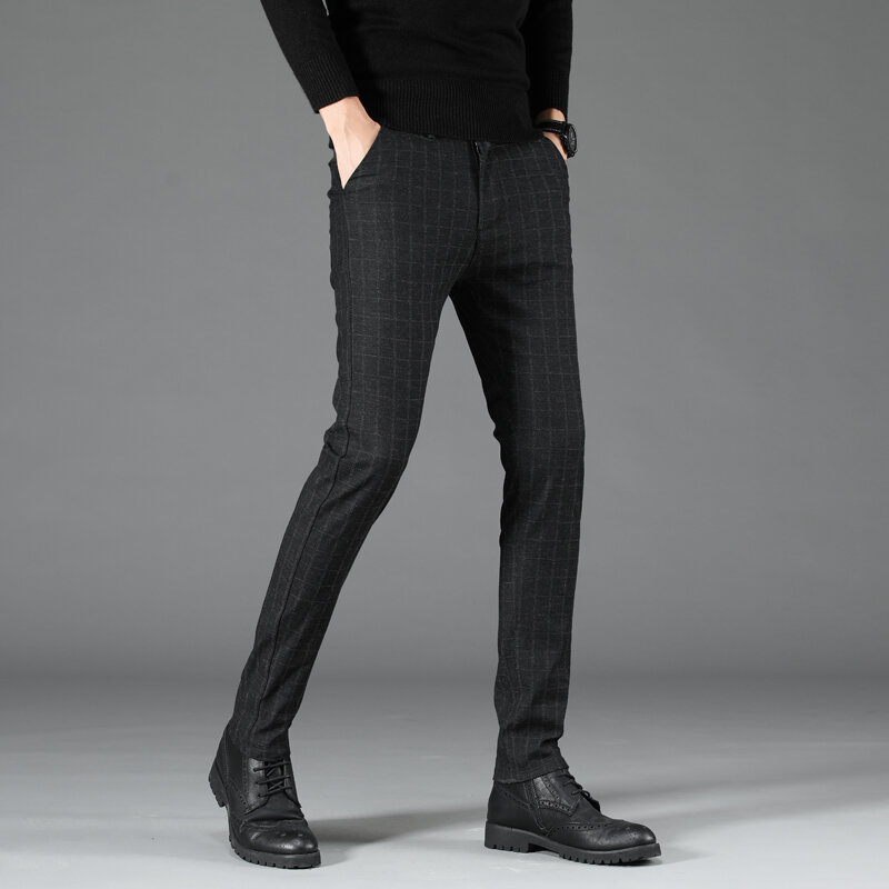 Calça justa xadrez preta masculina, calça listra cinza, nova moda, primavera e outono, 28-38