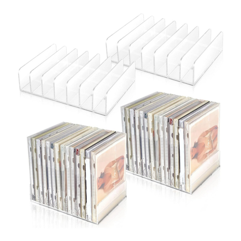 Clear Acrílico CD Titular com Tackable CD e DVD Display Rack, armazenamento Rack, Organizador Stand, CD Bandeja Holds, 4 pcs