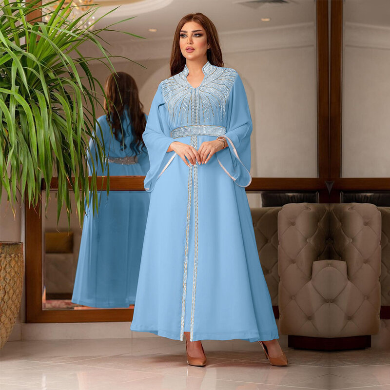 Ethnic Style Chiffon Abaya Dubai Luxury Diamonds Evening Dresses Eid Muslim Women Robe Morocco Gowns Islamic Arab Femme Caftan