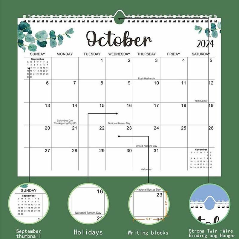 Wall Calendar Agenda Organizer, Artigos de papelaria para escritório, Coil Calendar, Horário Semanal, 18 Meses, 2024