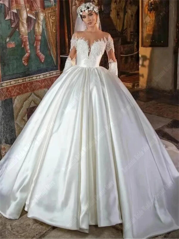 New Lace Printing Women Wedding Dresses Long Sleeves Vintage Bridal Gowns Smooth Satin Surface Court Skirt Hem Vestidos De Novia