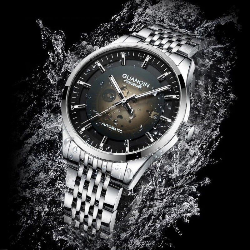 GUANQIN-relógio mecânico de aço inoxidável masculino, mostrador transparente, luxo, data, luminoso, Miyota, movimento automático