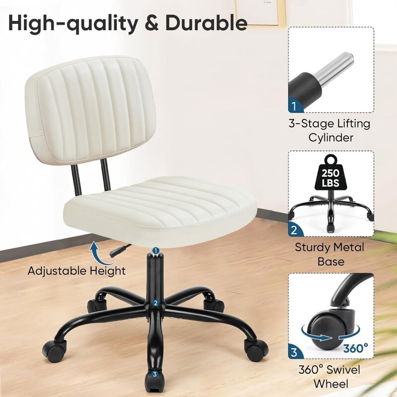 Cadeira sem braços Home Office, mesa ergonômica, confortável costas baixas, apoio lombar, altura ajustável, couro PU, tarefa do computador