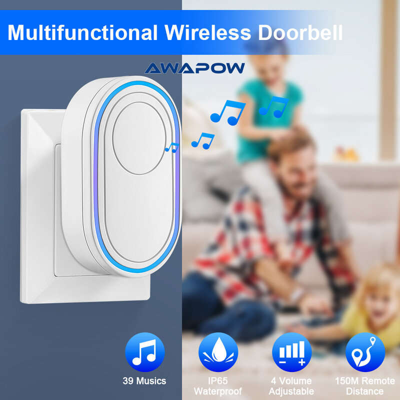 Awapow IP65 Waterdichte Draadloze Deurbel Smart Home Outdoor Deurbel 39 Ringtone 4 Volume Verstelbare Led Flash Security Alarm
