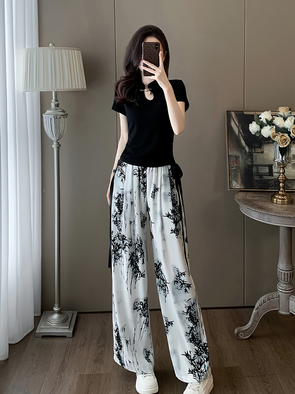 중국 스타일 캐주얼 반팔 세트, 슬림 티셔츠 상의 + 꽃무늬 와이드 레그 팬츠, 2 종 세트, 여성 복장, 2024 여름