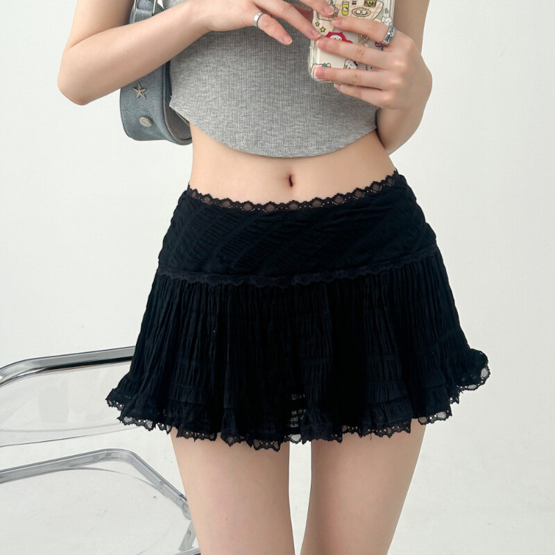 Женская кружевная мини-юбка с высокой талией, с оборками
