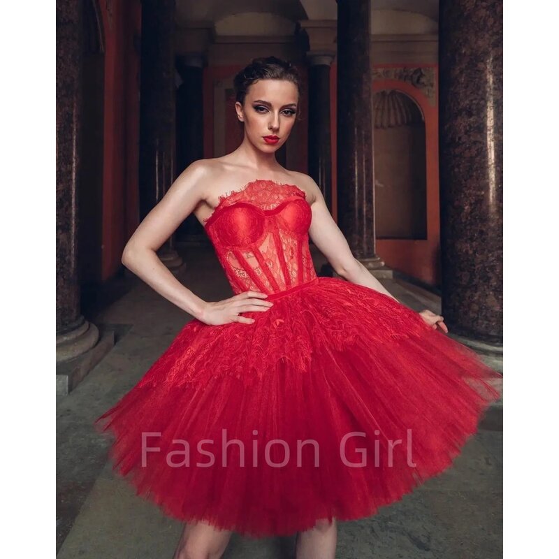 Sexy Rode Tule Avondjurk Baljurk Strapless Kanten Korte Mini Rok Mouwloze Luxe Prom Dresses Speciale 2024