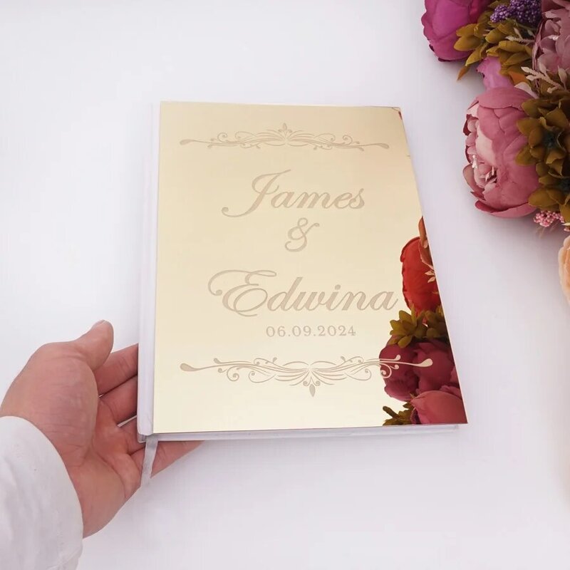 รูปแบบที่แตกต่างกันงานแต่งงานที่กำหนดเอง Signature หนังสือสีทอง/กระจกเงินฝาครอบขาวเปล่า Party Decor