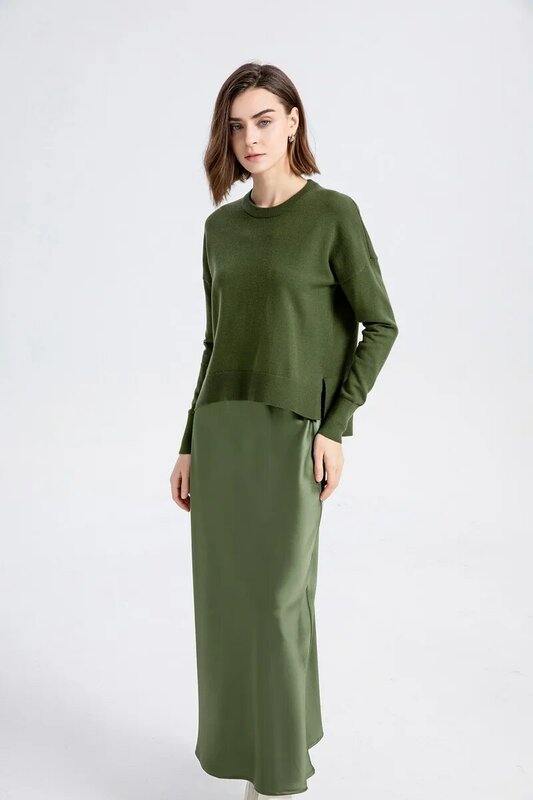 AS Elegance-top de punto de estilo suelto para mujer, falda de satén de acetato de lujo de alta calidad