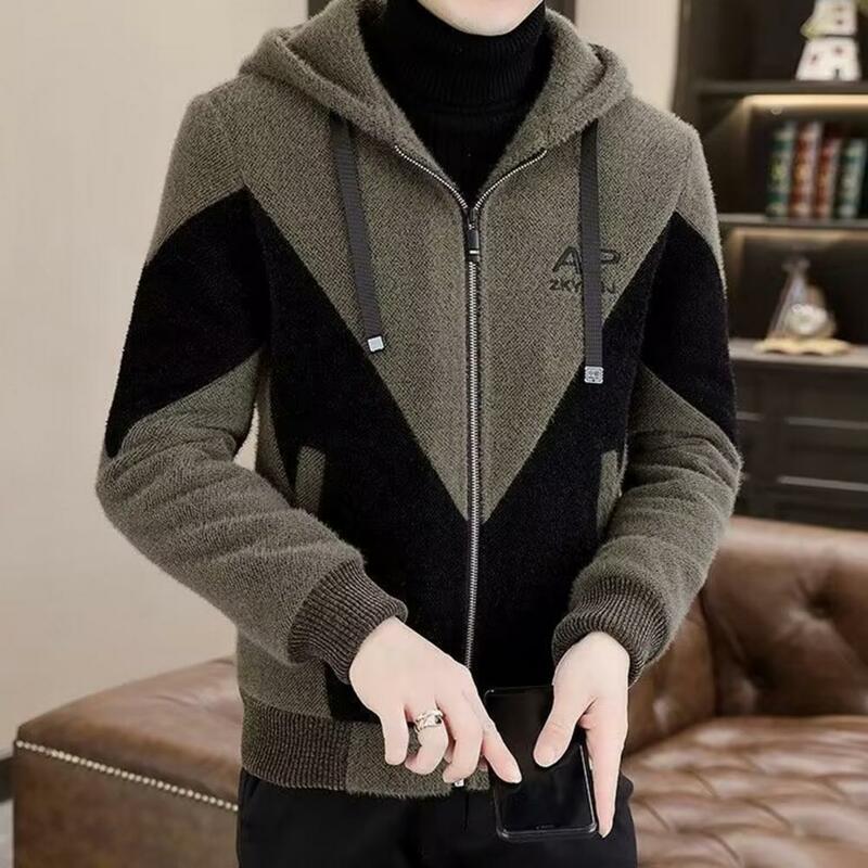Men Hooded Jacket Men's Hooded Drawstring Jacket Warm Winter Coat with Color Matching Thick Soft Plus Size Long Sleeve for Men
