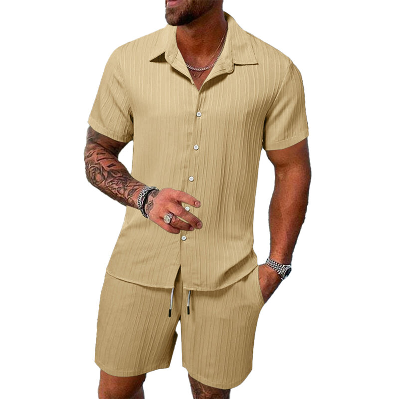 Conjunto de manga corta con botones para hombre, ropa informal con cuello, Jacquard, Hawaiano, para fiesta, Regular, Color sólido