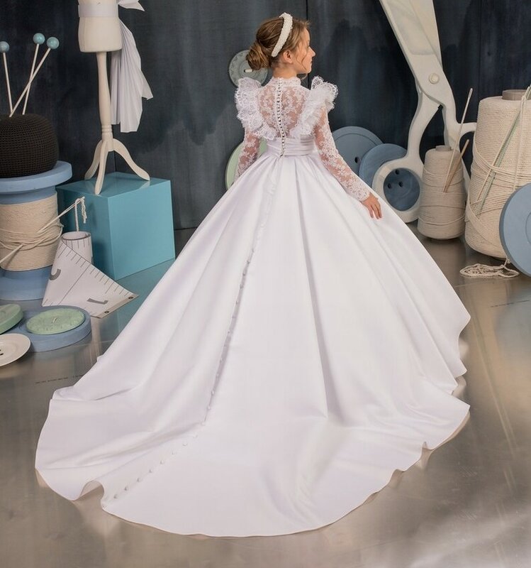 Wspaniały biały satynowy dziewczęca sukienka w kwiaty na wesele koronka długość podłogi urodzinowy konkurs księżniczki pierwszej komunii suknie balowe