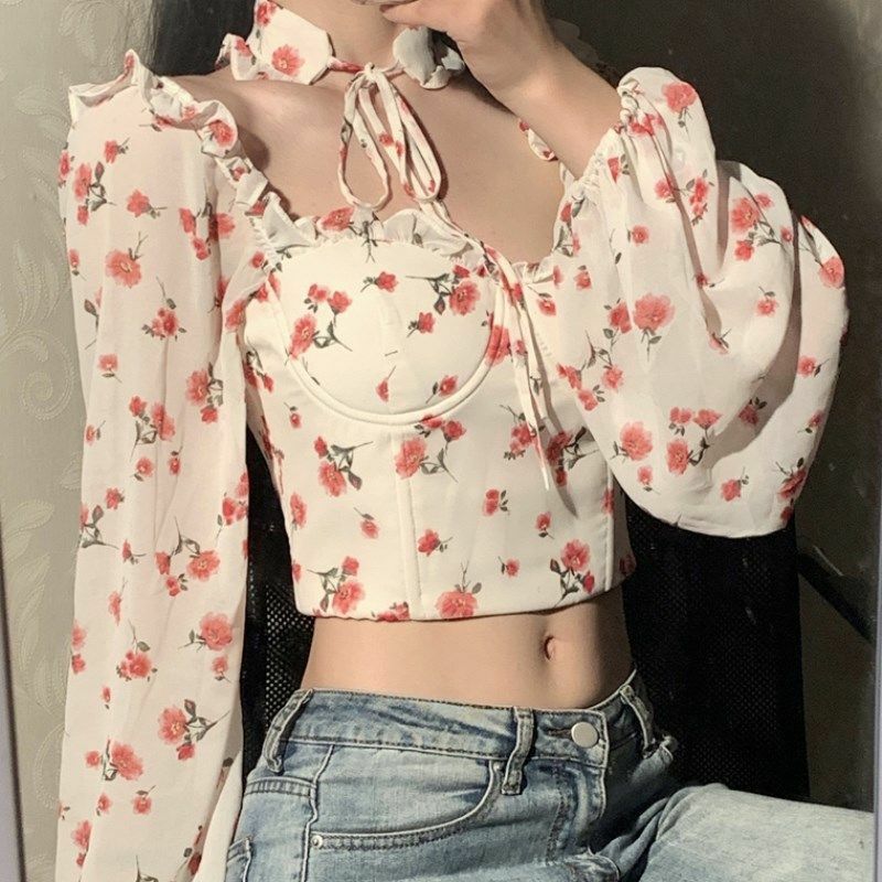 Camisa corta ajustada con cuello cuadrado para mujer, camisa Sexy con flores fragmentadas para club nocturno, verano, 2024