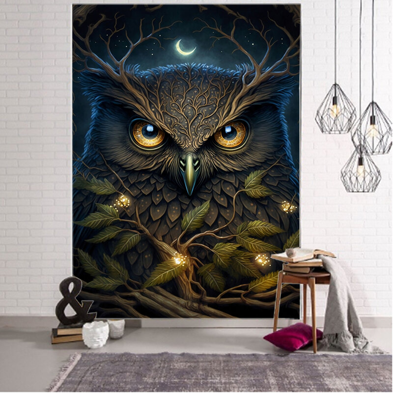 Beautiful owl background decoration tapestry painting, colorful owl home background wall decoration