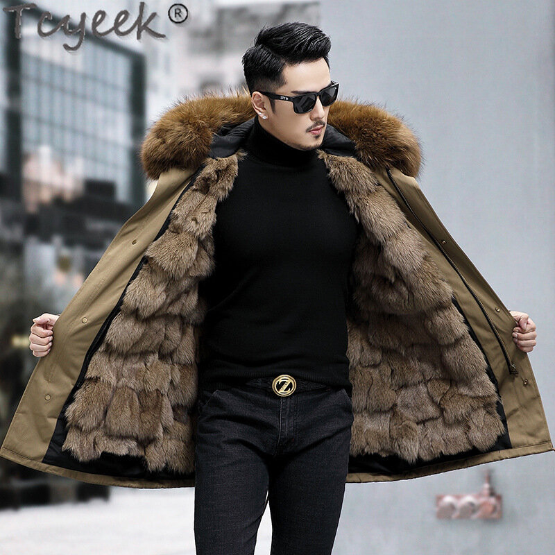 Tcyeek giacche di pelliccia di media lunghezza abbigliamento uomo caldo staccabile fodera di pelliccia di volpe Parka moda inverno giacca da uomo collo di pelliccia di volpe 2023